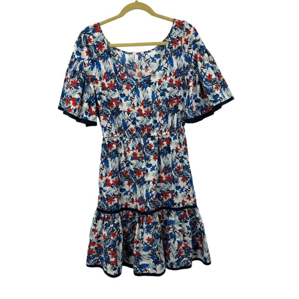 Milly New York Dress Sz 6 Red Navy Blue Floral Flutter Sleeve Ruffle Hem 💚